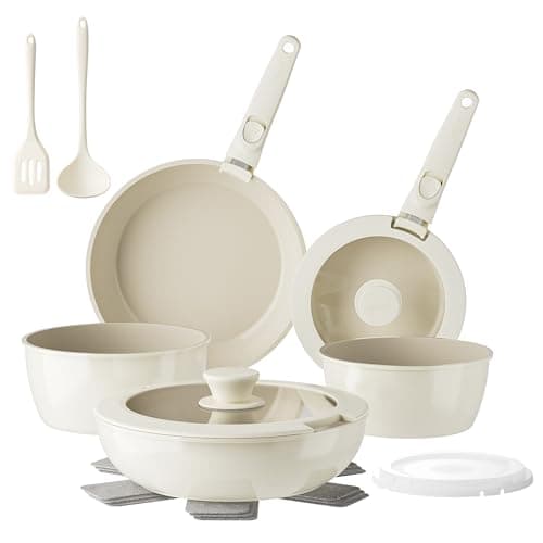 Redchef Pans and Pots Set Nonstick, Ceramic Cookware Set with Detachable Handles, Healthy,Non Toxic, Kitchen Cookware Sets16Pcs, Induction RV Kitchen Set, PFAS PFOA & PTFE Free, Beige White - Image 1