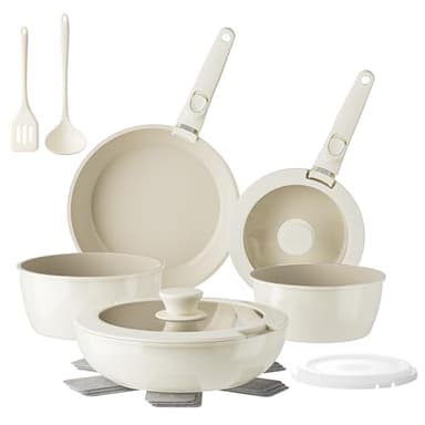 Redchef Pans and Pots Set Nonstick, Ceramic Cookware Set with Detachable Handles, Healthy,Non Toxic, Kitchen Cookware Sets16Pcs, Induction RV Kitchen Set, PFAS PFOA & PTFE Free, Beige White - Image 1