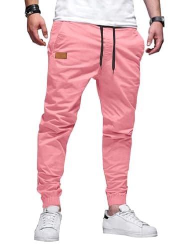 JMIERR Mens Casual Joggers Pants - Cotton Drawstring Chino Cargo Pants Twill Track Jogging Sweatpants with Pockets, M, Peach Blossom - Image 1