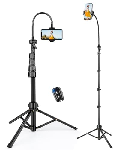 Phone Tripod, 85" Tall Tripod for iPhone with Gooseneck and Remote, Overhead Phone Stand for Recording Watching Cooking Fitness Vlog, Compatible with iPhone Android, Black - Image 1