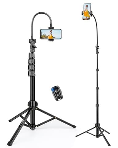 Phone Tripod, 85" Tall Tripod for iPhone with Gooseneck and Remote, Overhead Phone Stand for Recording Watching Cooking Fitness Vlog, Compatible with iPhone Android, Black - Image 1