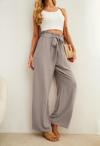 IWOLLENCE Women's Wide Leg Pants with Pockets High Waist Adjustable Knot Loose Casual Trousers Business Work Casual Pants Light Khaki XX-Large - Image 3
