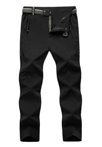 TBMPOY Men's Lightweight Hiking Pants with Belt 5 Zip Pockets Waterproof Quick-Dry Travel Fishing Work Outdoor Pants Thin Black M - Image 1