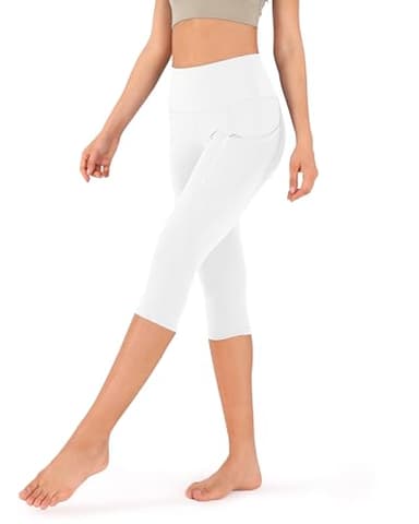 ODODOS Women's High Waisted Yoga Capris with Pockets,Tummy Control Non See Through Workout Sports Running Capri Leggings, White,Large - Image 2