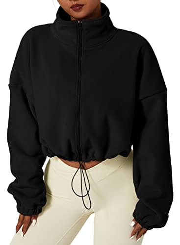 QINSEN Women's Full Zip Fleece Short Jacket Warm Winter Long Sleeve Stand Collar Sherpa Crop Coat Black S - Image 1