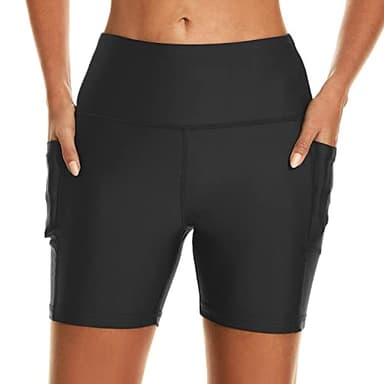 HODOSPORTS Women's 5'' Swim Shorts UPF 50+ High Waisted Board Shorts with Pockets Liner Quick Dry Swimsuit Bottoms Black M - Image 1