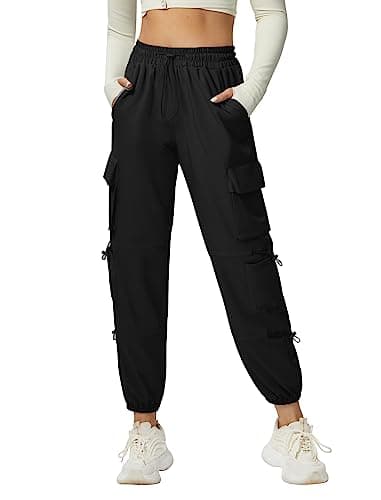 DLOODA Quick Dry Cargo Pants Lightweight Tactical Hiking Pants with 6 Pockets for Women, Elastic Waist and Water-Resistant Black - Image 2