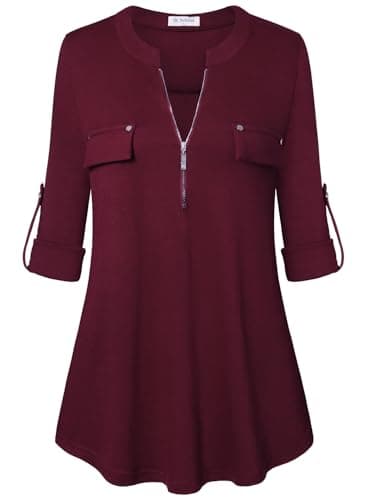Bulotus Women's 3/4 Sleeve Tops Zip Front Casual Shirt Fall Top for Leggings Blouses for Women Business Casual, Burgundy, X-Large - Image 1