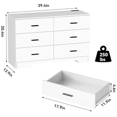 FJTJBSI Dresser with Power Outlets Wooden 6 Drawer Dresser with USB and Type C Port Chest of Drawers for Bedroom Tall White Storage Organizer for Living Room Hallway Closet - Image 3