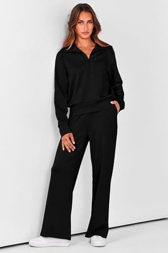 PRETTYGARDEN Women's 2025 Fall Lounge Sets Casual Half Zip Sweatshirt and Wide Leg Pants 2 Piece Outfits Sweatsuit (Black,X-Large) - Image 2