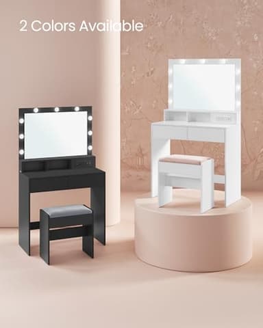 VASAGLE Vanity Desk with Power Outlets, Makeup Vanity with Mirror and Lights, with Upholstered Vanity Stool, 9 Dimmable LED Lights, 2 Compartments, 2 Drawers, for Bedroom, Cloud White URDT029W01 - Image 7