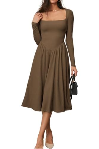 CHYRII Womens Spring Fashion 2025 Square Neck Long Sleeve Casual A-Line Midi Dress Brown XL - Image 2