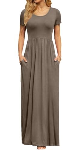 DB MOON Womens 2025 Casual Summer Maxi Dresses Short Sleeve Empire Waist Spring Long Dress with Pockets(Brown, L) - Image 1