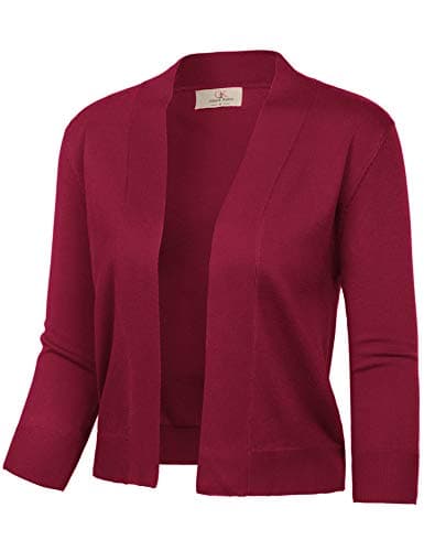 GRACE KARIN Women's 3/4 Sleeve Cropped Cardigans Sweater Open Front Shurgs Lightweight Knit Bolero (Burgundy,XL) - Image 1