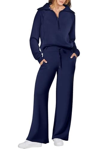 ANRABESS Women 2 Piece Outfits 2025 Fall Fashion Airport Wide Leg Pants Lounge Set Leisure Travel Vacation Clothes Sweatsuits Navy Blue Medium - Image 1