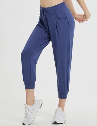 BALEAF Women's Petite Joggers Capri Sweatpants Drawstring Track Pants Travel Lounge Cropped Pants with Pockets Navy Blue M - Image 7