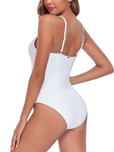 RELLECIGA Women's White One Piece Swimsuit Button Up V Neck Bathing Suits for Women Size Medium - Image 5