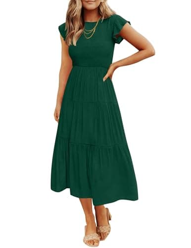 ZESICA Women's 2025 Summer Casual Flutter Short Sleeve Crew Neck Smocked Elastic Waist Tiered Midi Dress,Dark Green,Small - Image 1