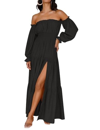 ZESICA Women's 2025 Boho Sexy Off Shoulder Long Sleeve Smocked High Waist Side Split Flowy A Line Tiered Long Maxi Dress,DarkBlack,Medium - Image 1