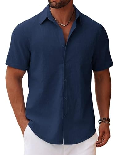 COOFANDY Mens Pure Cotton Shirt Short Sleeve Casual Button Down Shirt Summer Shirt Navy Blue - Image 1