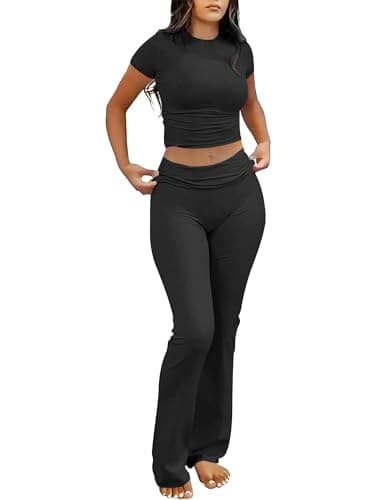 ANRABESS Lounge Sets for Women 2 Piece Foldover Yoga Flare Leggings Pants Crop Tops Casual Y2K Outfits Matching Tracksuit Set Black Small - Image 1