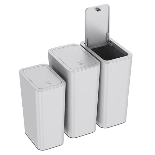 N. NETDOT 3 Pack (2 of 4 Gal & 1 of 2.6 Gal) Small Trash Can with Lid,Bathroom Garbage Can with Pop-Up Lid,Waste Basket for Bathroom,Kitchen,Bedroom,Powder Room,Craft Room,Office,College (Gray) - Image 1