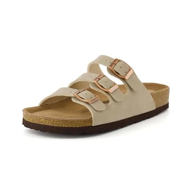 CUSHIONAIRE Lela Slip On Womens Sandals with Vegan Adjustable Straps & Genuine Suede Cork Footbed - Comfortable Memory Foam Sandals for Women 2025, STONE 11W - Image 9