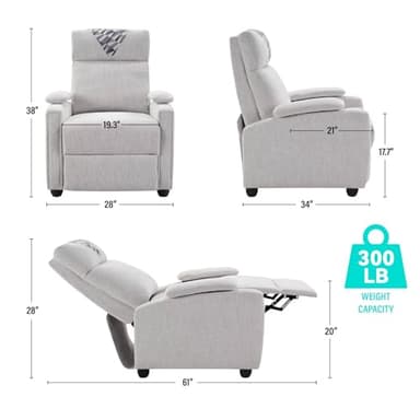 Softa Recliner Chair with Cup Holder and Headrest Cloth for Adults, Fabric Small Reclining Chair for Living Room, Adjustable Modern Armchair with Extended Footrest for Bedroom(Light Gray) - Image 2