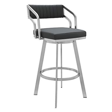 Armen Living Capri Modern 30" Seat Height Gray Faux Leather and Brushed Stainless Steel Metal Swivel Bar Stool for Kitchen Island Counter - Image 1