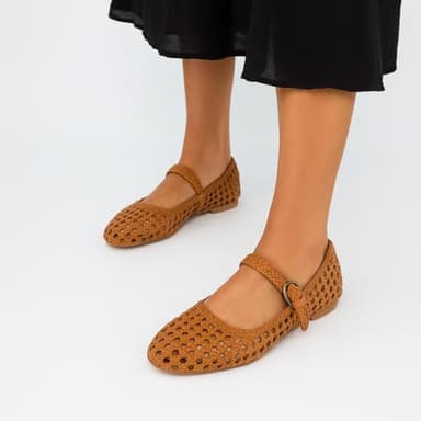 CUSHIONAIRE Weston Women’s Hand Woven Dressy Ballet Flats – Faux Leather Mary Jane with Adjustable Strap & Memory Foam, COGNAC 8 - Image 3