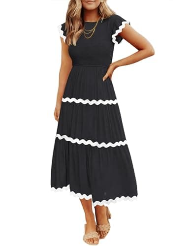 ZESICA Women's Summer Flutter Short Sleeve Smocked Midi Dress Casual High Waist Rickrack Tiered Flowy Dresses,Black,Medium - Image 1