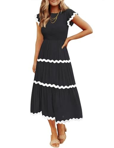 ZESICA Women's Summer Flutter Short Sleeve Smocked Midi Dress Casual High Waist Rickrack Tiered Flowy Dresses,Black,Medium - Image 1
