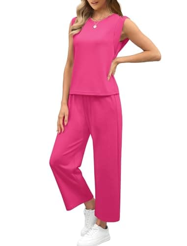 Sampeel Summer Outfits for Women 2025 Vacation Two Piece Outfits Travel Airport Clothes Vacation Outfits Wide Leg Crop Pants Sets Hot Pink M - Image 3