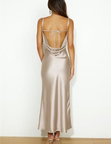 Summer Satin Spaghetti Strap Cowl Neck Backless Midi Dresses for Women Elegant Tie Low Back Ruched Cocktail Dress Champagne - Image 2