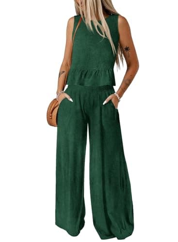 Dokotoo 2 Piece Sets for Women Summer 2025 Elegant Wide Leg Matching Sets Going Out Beach Vacation Clothes for Women Dark Green X Large - Image 1