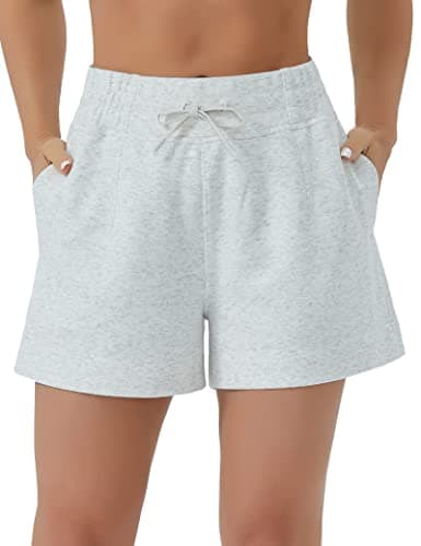 THE GYM PEOPLE Women's Drawstring Sweat Shorts High Waisted Summer Workout Lounge Shorts with Pockets Heather White - Image 1