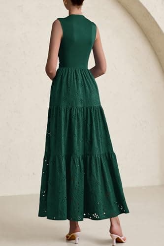 PRETTYGARDEN Summer Dresses for Women 2025 Casual Eyelet Sleeveless Wedding Guest Maxi Dress Tank Top Sundress with Pockets (Dark Green,Large) - Image 2