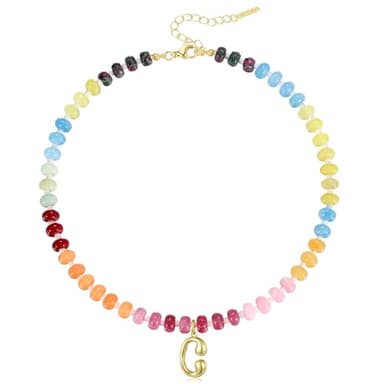 KissYan Initial Necklaces for Women, Colorful Beaded Gemstone Choker 14K Gold Bubble Letter Pendant Necklace Natural Stone Summer Beach Handmade Jewelry Gift(C) - Image 1