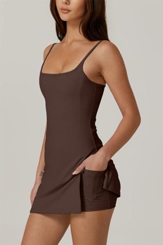 QINSEN Athletic Dress with Built in Shorts Workout Dress for Tennis Golf Mini Dresses for Women Brown S - Image 3