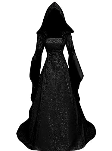 BITSEACOCO Deluxe Witch Dress Costume for Women, Vintage Embroidered Renaissance Victorian Gothic Hooded Vampire Gown Dress Cosplay (Black,S) - Image 1