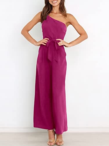 ANRABESS Women Summer Dressy Jumpsuits One Shoulder Sleeveless Casual Wide Leg Pants Romper Jumper 2025 Trendy Fall Outfits Deep Rose Small - Image 4