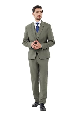 MAGE MALE Mens Suits Slim Fit 3 Piece Tuxedo Suit One Button Solid Prom Wedding Party Blazer Vest Pants Set with Tie Olive Green - Image 3