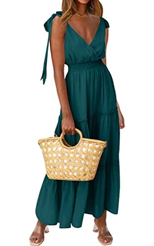 PRETTYGARDEN Women's Cross Neck Summer Sleeveless Tiered Maxi Dress Beach Tie Strap Smocked Long Dresses Pleated Sundress (Blue Green,Small) - Image 1