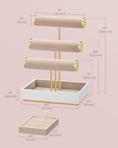 SONGMICS Bracelet Holder Stand, Jewelry Display Stand, Jewelry Organizer, with 3 Tiers and Velvet Tray, Removable Ring Holder, Cloud White and Camel Brown UJJS027A01 - Image 3