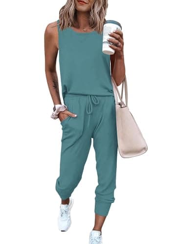 PRETTYGARDEN Women's Two Piece Outfit Sets Casual Summer Sleeveless Crewneck Tops and Sweatpants Active Tracksuit Lounge Wear (Grey Green,Medium) - Image 1
