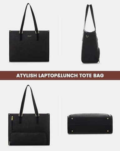 LOVEVOOK Lunch Tote Bag for Women, 15.6 Inch Laptop Bag with Insulated Lunch Compartment, Quilted Large Capacity Computer Handbag with Purse for Business, Work, Collage, Office, Casual, Jet Black - Image 6