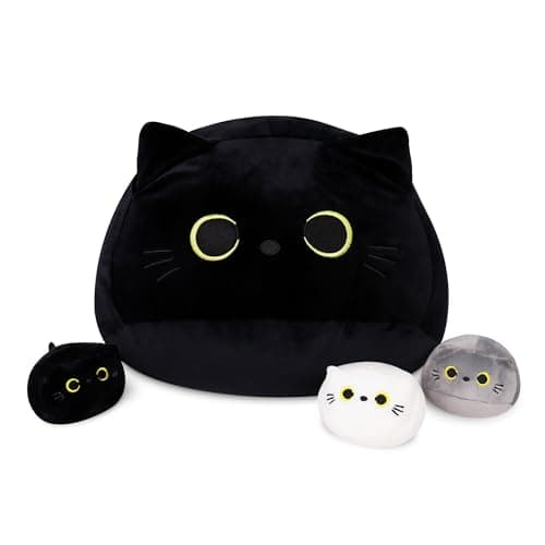 WeBingo 4PCs Black Cat Plush Toy 16'' Black Cat Pillow with 3 Babies, 3D Black Cat Plushies Pillow Baby Cute Plush Toys Shape Cat Design Sofa Fat Pillow Gifts for Boys Girls - Image 1