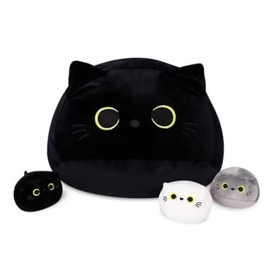 WeBingo 4PCs Black Cat Plush Toy 16'' Black Cat Pillow with 3 Babies, 3D Black Cat Plushies Pillow Baby Cute Plush Toys Shape Cat Design Sofa Fat Pillow Gifts for Boys Girls - Image 1