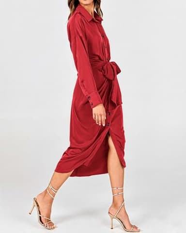 BTFBM Maxi Dresses for Women Fall 2025 Long Sleeve Lapel Neck Button Down Elegant Satin Belted Ruched Summer Shirt Dress(Red, Large) - Image 8