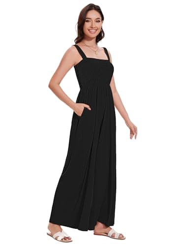 LOZ Black Jumpsuit for Women Ruched Casual One Piece Flowy Sleeveless Overalls Dressy Stretchy Loose Rompers Elegant Square Neck Summer Wide Leg Long Pants with Pockets 2025 M - Image 3